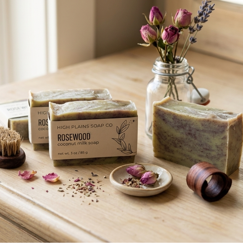 Wooden surface with soap, a brush, and flowers in a jar.